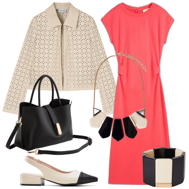 Outfit donna - Fucsia rosa beige e nero. Stile Glamour per Cerimonia. Abbinamento con décolleté, vestiti, blazer, borse a mano, collane, braccialetti.