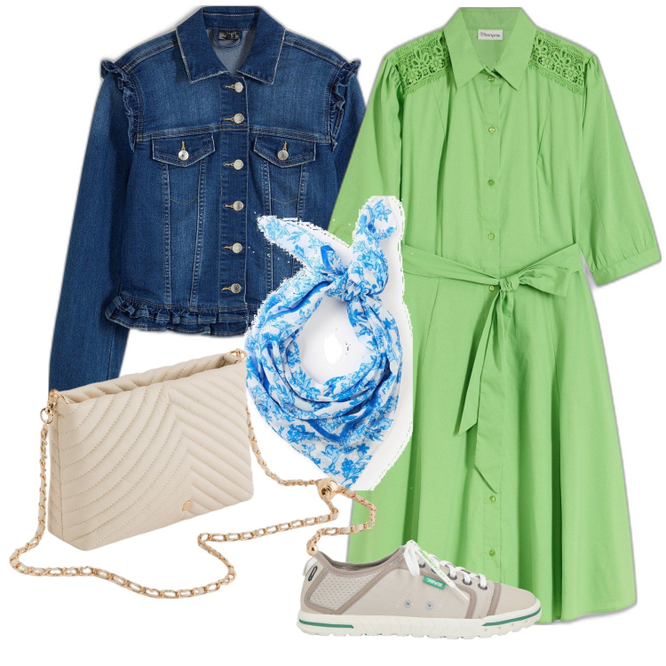 Outfit donna - Total look #2110702. Stile Casual chic per Tutti i giorni. Abbinamento con blazer, vestiti chemisier, foulard, sneakers, borse a tracolla.