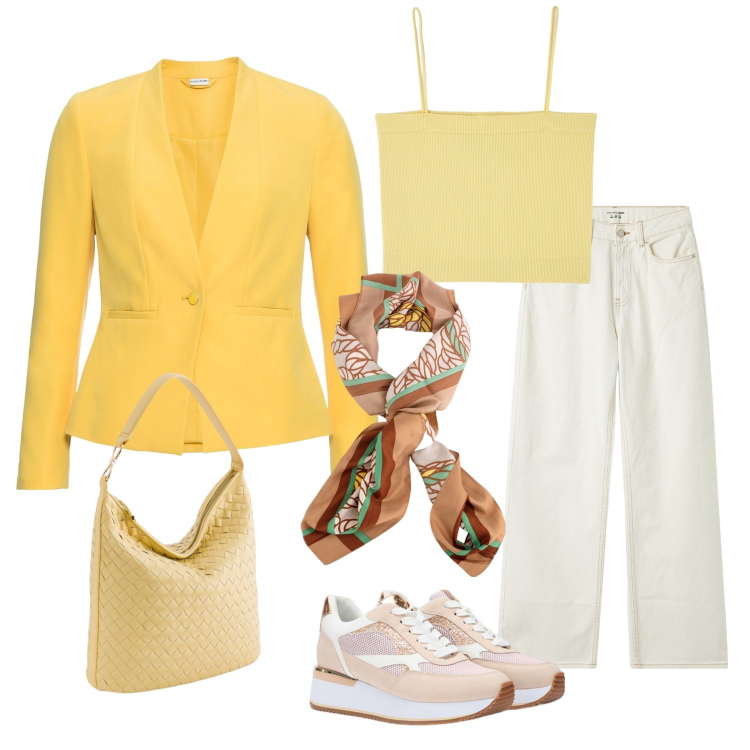 Outfit donna - Total look #2110705. Stile Casual chic per Tutti i giorni. Abbinamento con blazer, canottiere, jeans, foulard, borse a tracolla, sneakers.