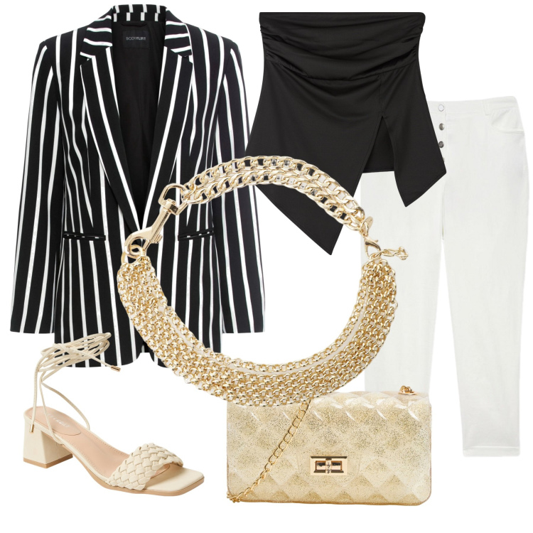 Outfit donna - Total look #2110707. Stile Chic per Serata fuori. Abbinamento con blazer, top, borse a tracolla, sandali alla schiava, collane, pantaloni.