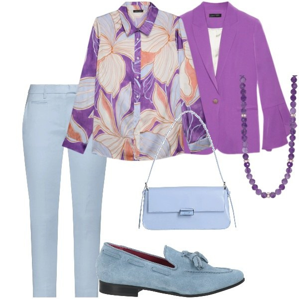 Outfit donna - Domenica di festa. Stile Casual chic per Tutti i giorni. Abbinamento con pantaloni, mocassini, borse a spalla, collane, blazer, camicie.