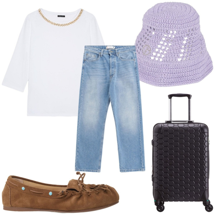 Outfit donna - Accessori statement: il cappello. Stile Trendy per Tutti i giorni. Abbinamento con cappelli, jeans, mocassini, t-shirt, valigie.