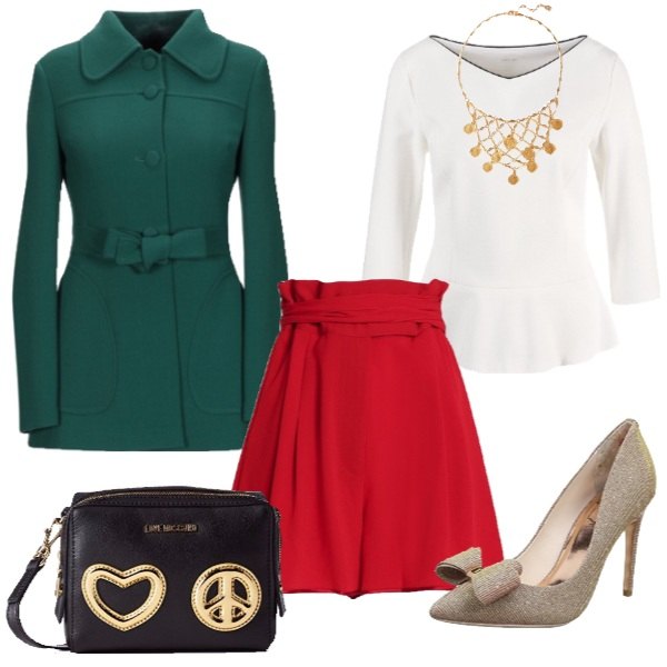 Outfit donna - #CHRISTMASISCOMING - 23 dicembre. Stile Trendy per Serata fuori. Abbinamento con soprabito a maniche lunghe con laccetti interno foderato crêpe, gonna al ginocchio con fusciacca e zip crêpe, collana con gancetto, scarpe col tacco rosa e oro, borsa a tracolla oro e multicolore e nero, t-shirt bianco e nero.