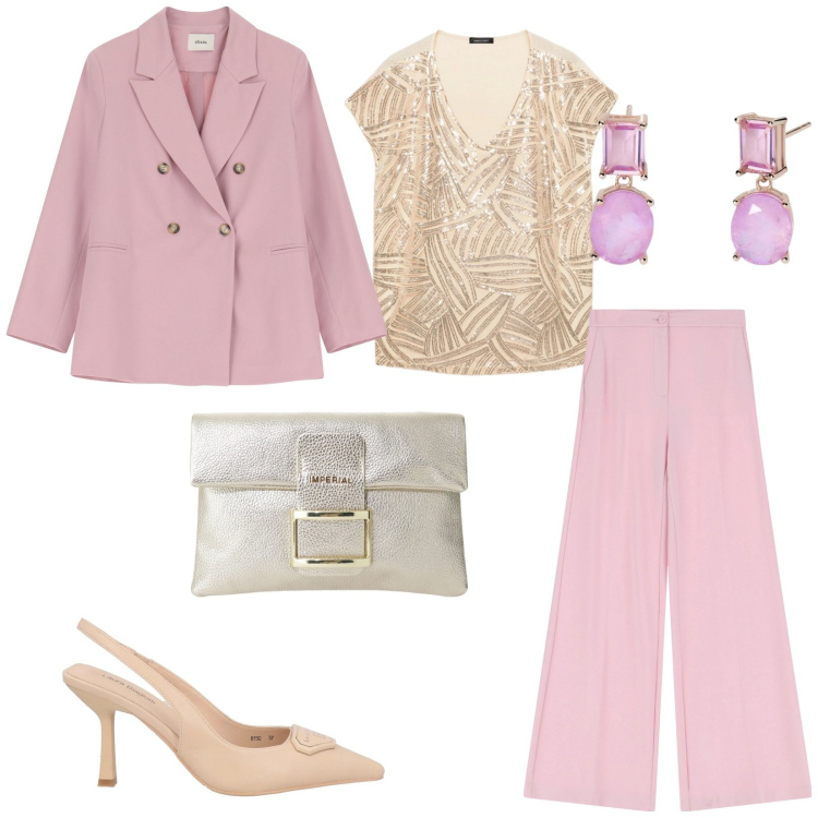 Outfit donna - Cerimonie primaverili. Stile Bon Ton per Cerimonia. Abbinamento con décolleté, orecchini, pantaloni, pochette, blazer, t-shirt.