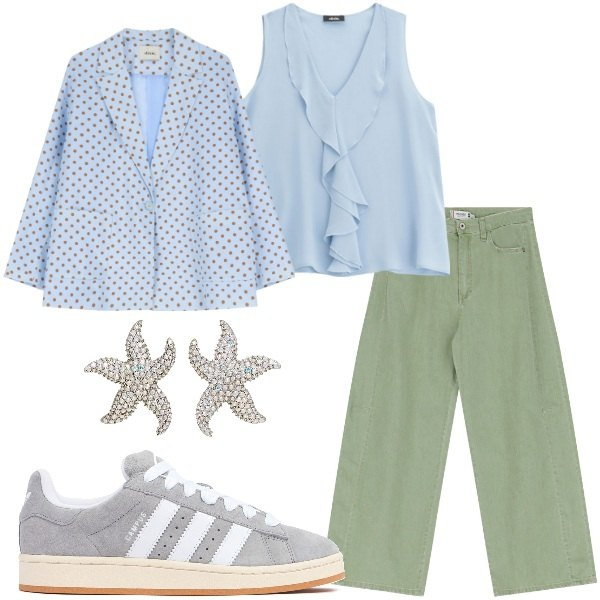 Outfit donna - Primavera.... Stile Casual per Tutti i giorni. Abbinamento con orecchini, pantaloni a palazzo, blazer, top, sneakers.