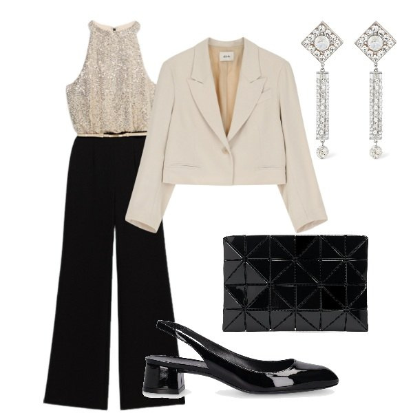 Outfit donna - Serata di festa. Stile Glamour per Serata fuori. Abbinamento con blazer, décolleté, pochette, tute, orecchini.