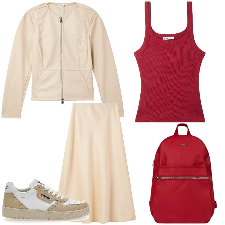 Outfit donna - Prima delle vacanze. Stile Sporty chic per Scuola/Università. Abbinamento con gonne lunghe, blazer, canottiere, zaini, sneakers.