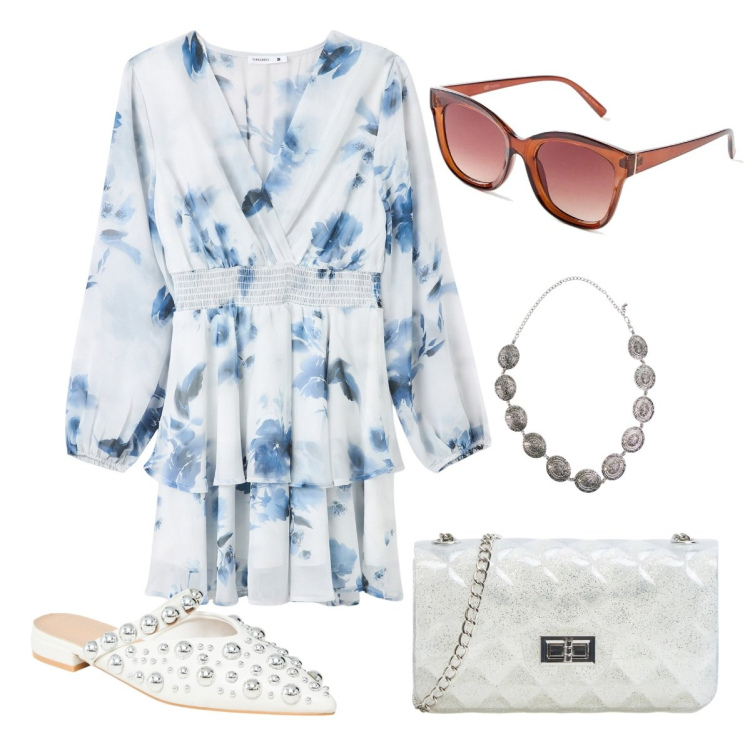 Outfit donna - L\'abito di primavera. Stile Vintage retrò per Tutti i giorni. Abbinamento con occhiali da sole, ballerine, borse a tracolla, vestiti, cinture.