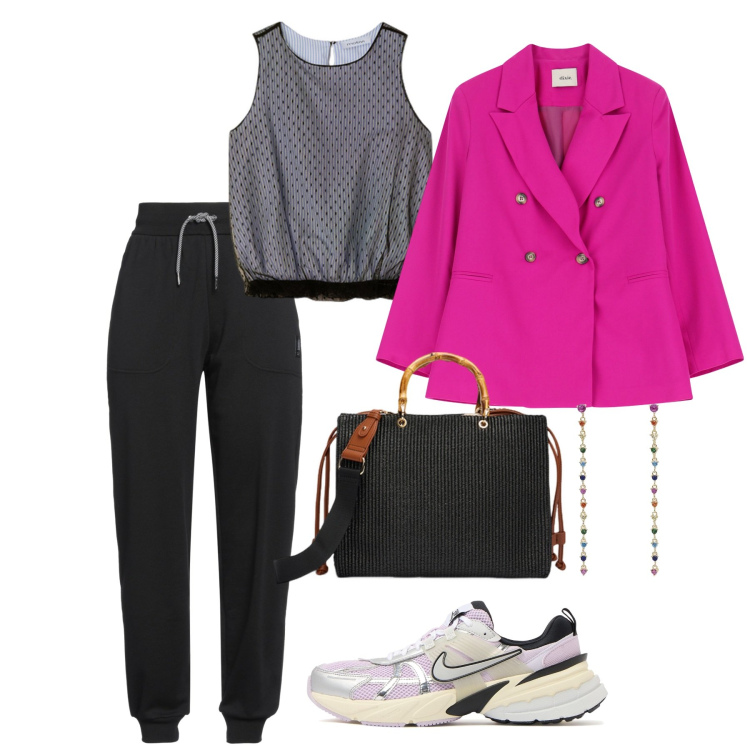 Outfit donna - Lo stile Athleisure @ypila. Stile Sporty chic per Tutti i giorni. Abbinamento con pantaloni, orecchini, blazer, sneakers, borse a mano, top.