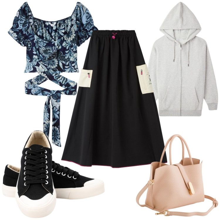 Outfit donna - Total look #2110744. Stile Sporty chic per Tutti i giorni. Abbinamento con bluse, felpe con cappuccio, gonne lunghe, sneakers, borse a mano.