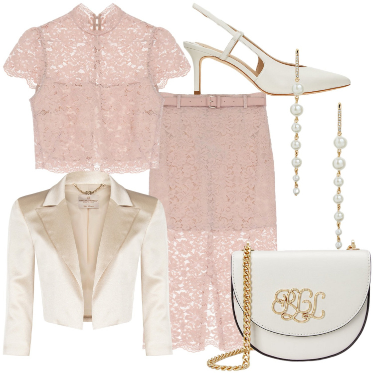 Outfit donna - Pizzo da cerimonia. Stile Chic per Cerimonia. Abbinamento con bolero, gonne longuette, top, borse a tracolla, orecchini, décolleté.
