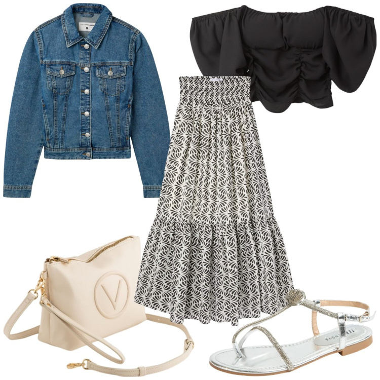Outfit donna - Total look #2110747. Stile Boho per Tutti i giorni. Abbinamento con gonne lunghe, bluse, blazer, ciabatte, valigie.