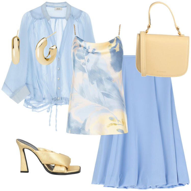 Outfit donna - Impalpabile come una nuvola. Stile Bon Ton per Tutti i giorni. Abbinamento con borse a mano, sandali in pelle, orecchini, top, gonne longuette, camicie.