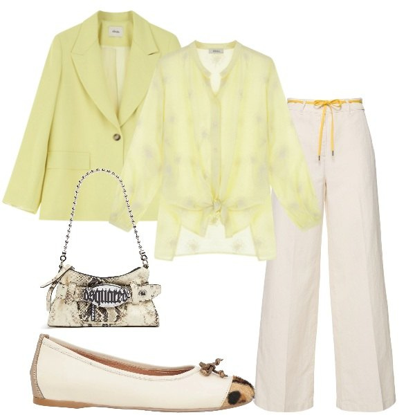 Outfit donna - Domenica di festa. Stile Casual chic per Tutti i giorni. Abbinamento con ballerine, blazer, camicie, pochette, pantaloni.