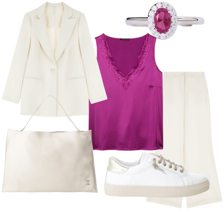 Outfit donna - White and color. Stile Casual chic per Tutti i giorni. Abbinamento con anelli, pantaloni, blazer, borse a spalla, sneakers, top.