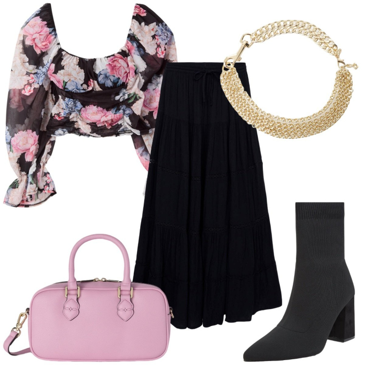 Outfit donna - Total look #2110759. Stile Boho per Tutti i giorni. Abbinamento con gonne lunghe, bluse, stivaletti, collane, borse a mano.