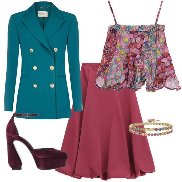 Outfit donna - Petrolio e bordò fioriti. Stile Glamour per Tutti i giorni. Abbinamento con décolleté, braccialetti, braccialetti, blazer, gonne longuette, canottiere.