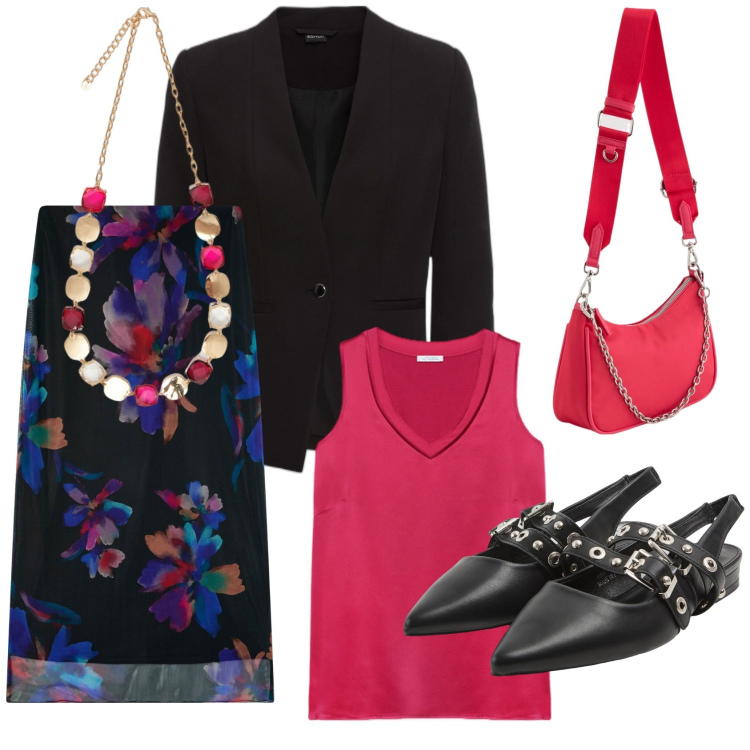 Outfit donna - Pasqua colorata. Stile Glamour per Tutti i giorni. Abbinamento con blazer, gonne lunghe, sabot, top, collane, borse a tracolla.