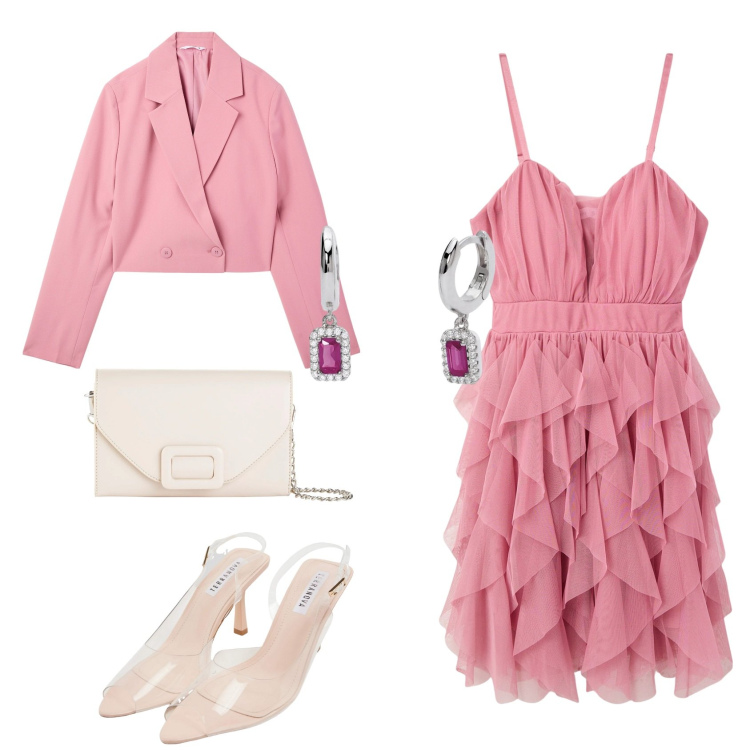 Outfit donna - Sorbetto alla fragola. Stile Romantica per Cerimonia. Abbinamento con pochette, sandali col tacco, blazer, vestiti corti, orecchini.
