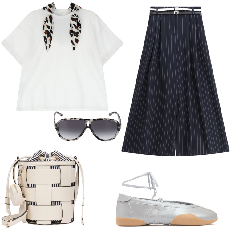 Outfit donna - Casual. Stile Casual chic per Ufficio. look ideale per Petite. Abbinamento con t-shirt, pantaloni a palazzo, occhiali da sole, sneakers, borse a secchiello.