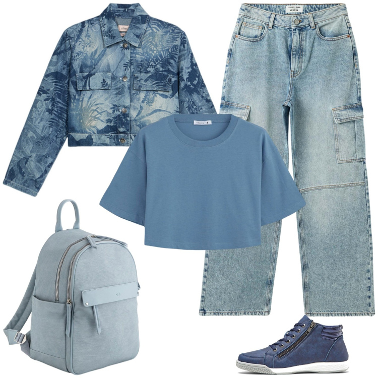 Outfit donna - Pasquetta. Stile Casual per Tutti i giorni. Abbinamento con sneakers alte, jeans, t-shirt, zaini, blazer.