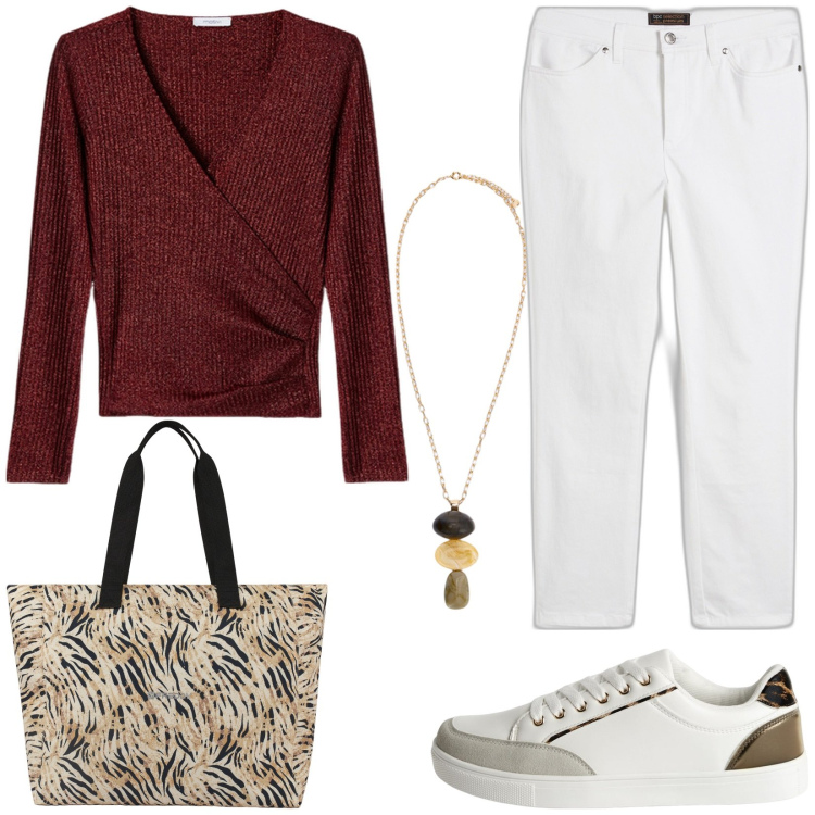 Outfit donna - Casual look. Stile Casual per Tutti i giorni. Abbinamento con pantaloni, sneakers, shopping bag, maglieria, collane.