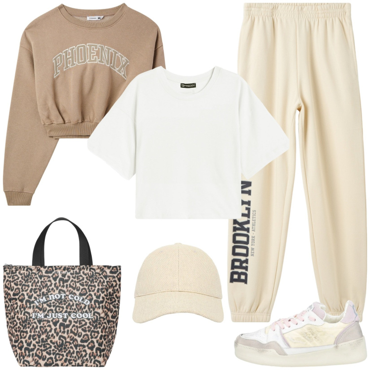 Outfit donna - Fine settimana. Stile Basic per Sport. Abbinamento con sneakers, cappelli con visiera, pantaloni sportivi, felpe sportive, borse sportive, t-shirt.