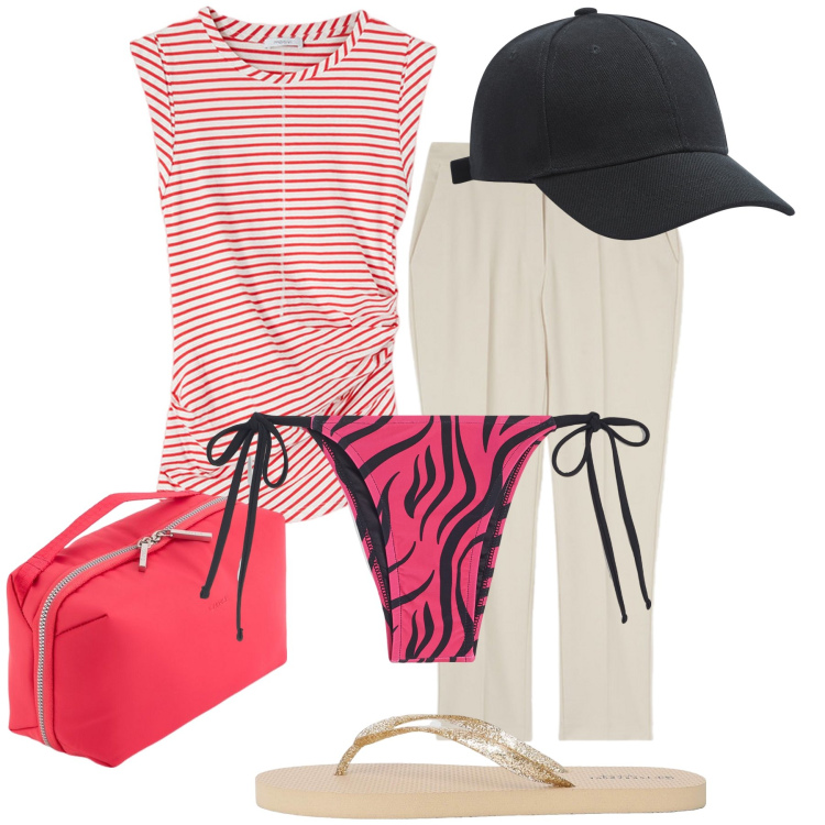 Outfit donna - Mare d aprile. Stile Trendy per Mare. Abbinamento con cappelli, infradito, bikini, valigie, pantaloni, top.