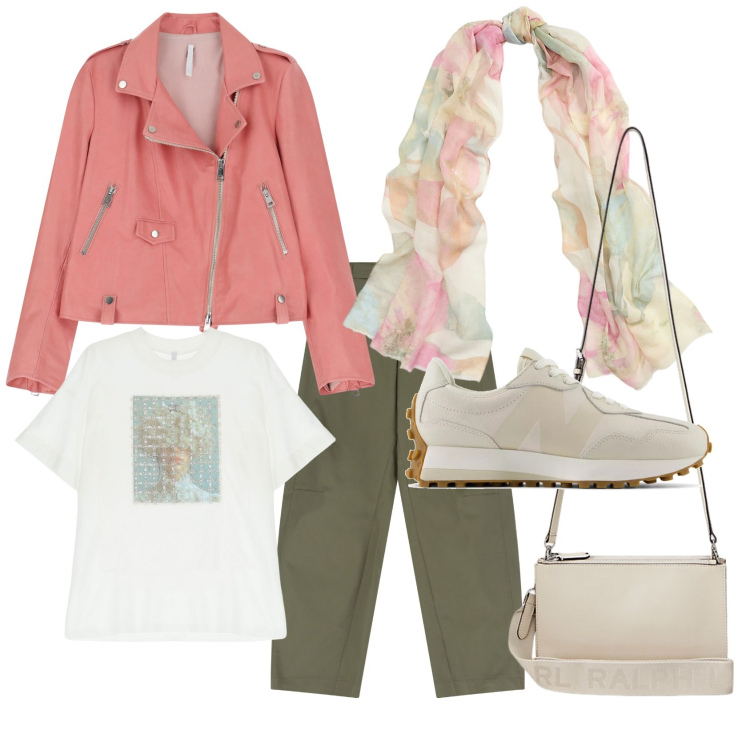 Outfit donna - Casual day. Stile Urban per Ufficio. Abbinamento con sneakers, giacche, pantaloni, t-shirt, borse a tracolla, sciarpe.