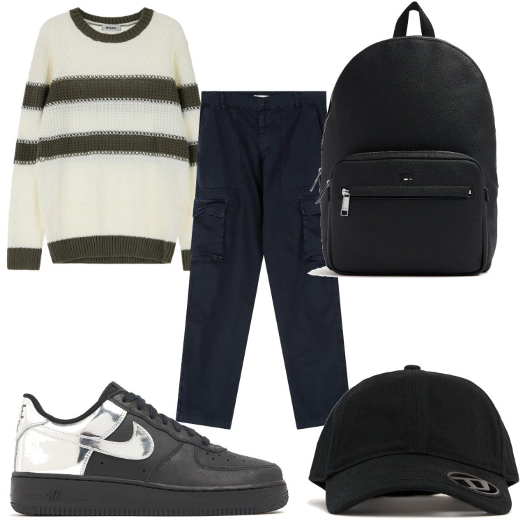 Outfit uomo - Total look #2110799. Stile Trendy per Tutti i giorni. Abbinamento con maglieria, pantaloni cargo, cappelli con visiera, borse sportive, sneakers.