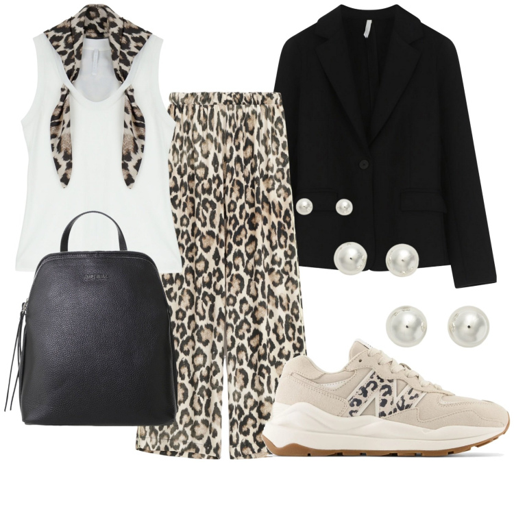 Outfit donna - Prima delle ferie. Stile Casual per Ufficio. Abbinamento con sneakers, pantaloni a palazzo, top, blazer, zaini, orecchini.