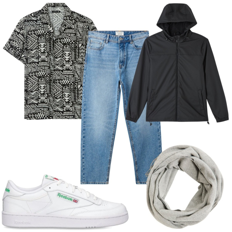 Outfit uomo - Total look #2110808. Stile Trendy per Tutti i giorni. Abbinamento con sciarpe, camicie a manica corta, giacche, jeans, sneakers.
