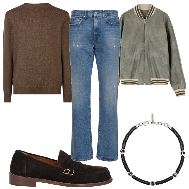 Outfit uomo - Total look #2110818. Stile Trendy per Tutti i giorni. Abbinamento con scarpe stringate, braccialetti, bomber, maglieria, jeans.