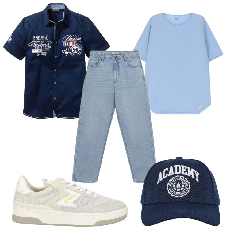 Outfit uomo - Total look #2110822. Stile Trendy per Tutti i giorni. Abbinamento con camicie a manica corta, sneakers, jeans, cappelli con visiera, t-shirt.
