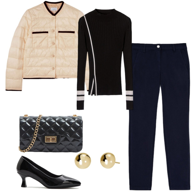 Outfit donna - Total look #2110824. Stile Casual chic per Serata fuori. Abbinamento con décolleté, borse a tracolla, orecchini, piumini, maglieria, pantaloni chino.