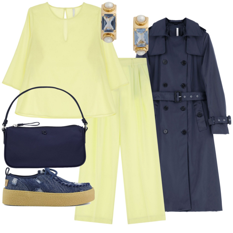 Outfit donna - Giallosa. Stile Trendy per Ufficio. Abbinamento con pantaloni, bluse, trench, orecchini, pochette, mocassini.