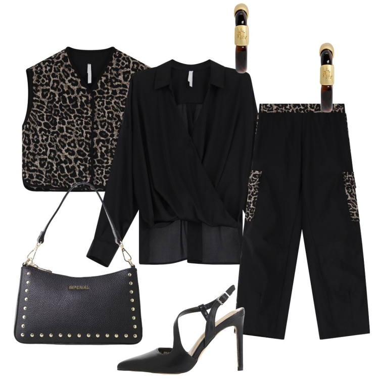 Outfit donna - Urban Edge con IMPERIAL. Stile Glamour per Ufficio. Abbinamento con pantaloni cargo, décolleté, bluse, gilet, borse a spalla, orecchini.