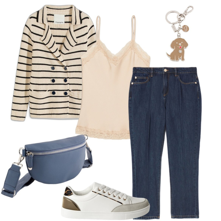 Outfit donna - Il cardigan a righe. Stile Casual chic per Tutti i giorni. Abbinamento con cardigans, sneakers, jeans, marsupi, portachiavi, top.