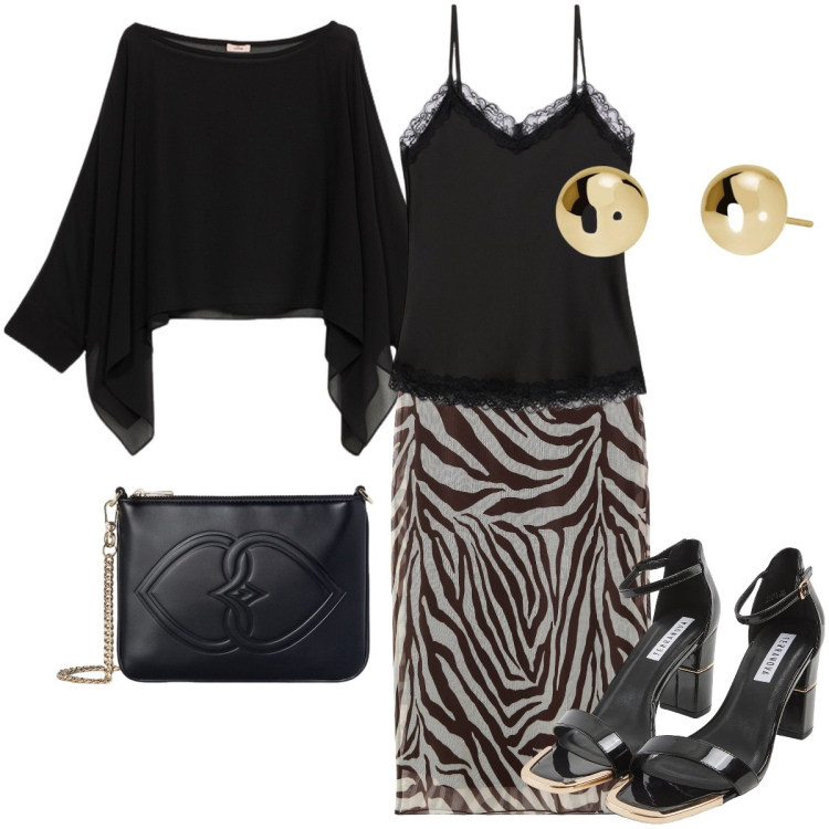 Outfit donna - La gonna zebrata. Stile Sexy per Serata fuori. Abbinamento con gonne lunghe, sabot, orecchini, bolero, top, pochette.
