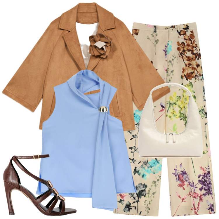 Outfit donna - Profumo di primavera. Stile Casual per Tutti i giorni. Abbinamento con top, pantaloni a palazzo, caban, sandali gioiello, borse a spalla.