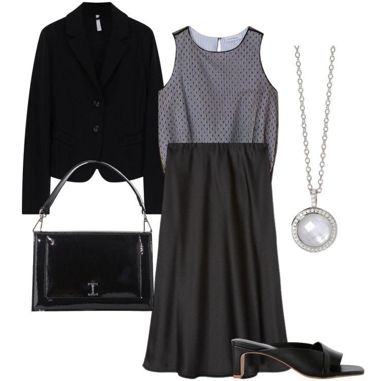 Outfit donna - Il top a pois. Stile Bon Ton per Serata fuori. Abbinamento con collane, borse a tracolla, blazer, gonne longuette, sabot, top.