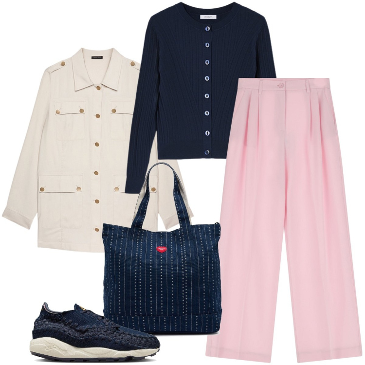 Outfit donna - Il golfino blu. Stile Casual chic per Tutti i giorni. Abbinamento con pantaloni, blazer, cardigans, sneakers, borse tote.