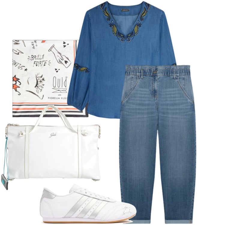 Outfit donna - La camicia in denim stile boho. Stile Boho per Tutti i giorni. Abbinamento con borse a mano, bluse, jeans, sneakers, foulard.