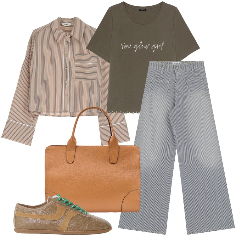 Outfit donna - Trendy style. Stile Trendy per Tutti i giorni. Abbinamento con jeans a zampa, camicie, sneakers, t-shirt, borse tote.