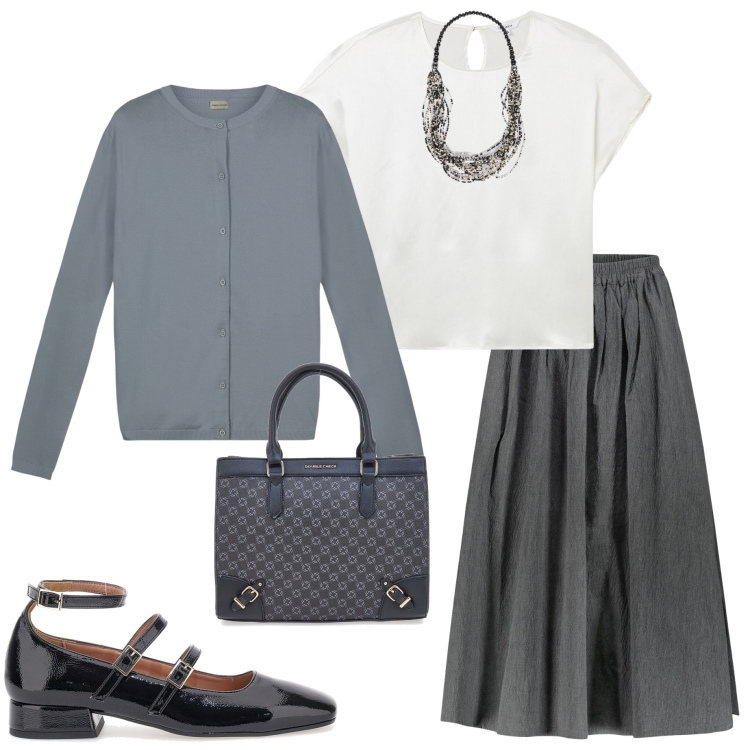Outfit donna - Gonna a trapezio. Stile Bon Ton per Ufficio. Abbinamento con bluse, gonne, borse a tracolla, collane, ballerine, cardigans.
