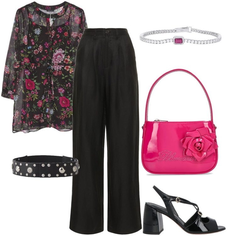 Outfit donna - La blusa a fiori. Stile Bon Ton per Serata fuori. Abbinamento con sandali in pelle, braccialetti, cinture, camicie, borse a mano, pantaloni.
