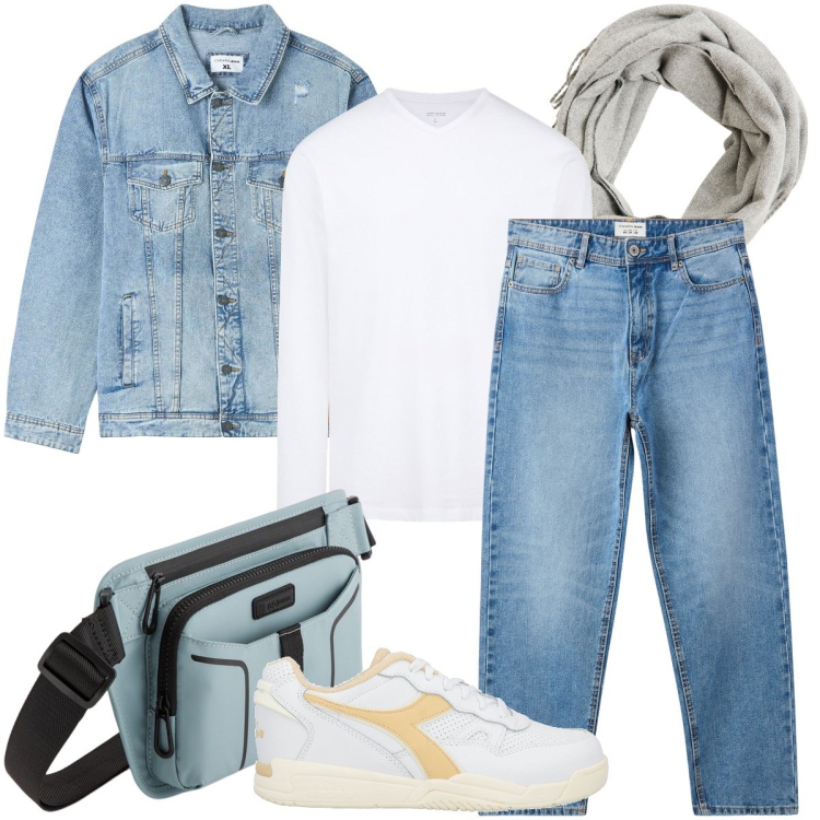 Outfit uomo - Completo in jeans. Stile Casual per Tutti i giorni. Abbinamento con sneakers, giacche, sciarpe, jeans, borse sportive, t-shirt.
