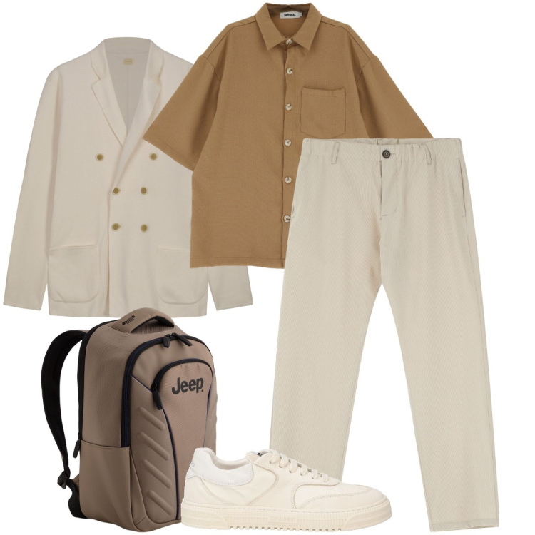 Outfit uomo - Visitare una città. Stile Urban per Tutti i giorni. Abbinamento con sneakers, pantaloni, camicie a manica corta, borse sportive, cardigans.