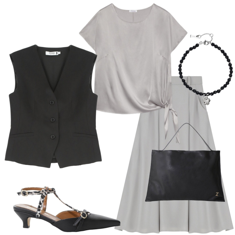 Outfit donna - Gonna a trapezio. Stile Casual chic per Serata fuori. Abbinamento con braccialetti, gilet, décolleté, borse a spalla, gonne lunghe, bluse.