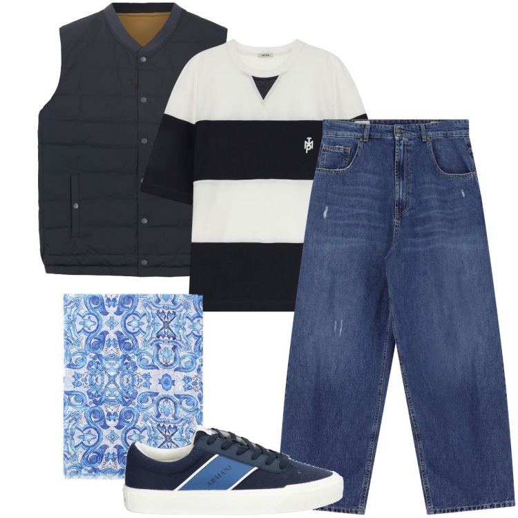 Outfit uomo - La t-shirt a righe. Stile Urban per Tutti i giorni. Abbinamento con sneakers, jeans, t-shirt, sciarpe e foulard, gilet.